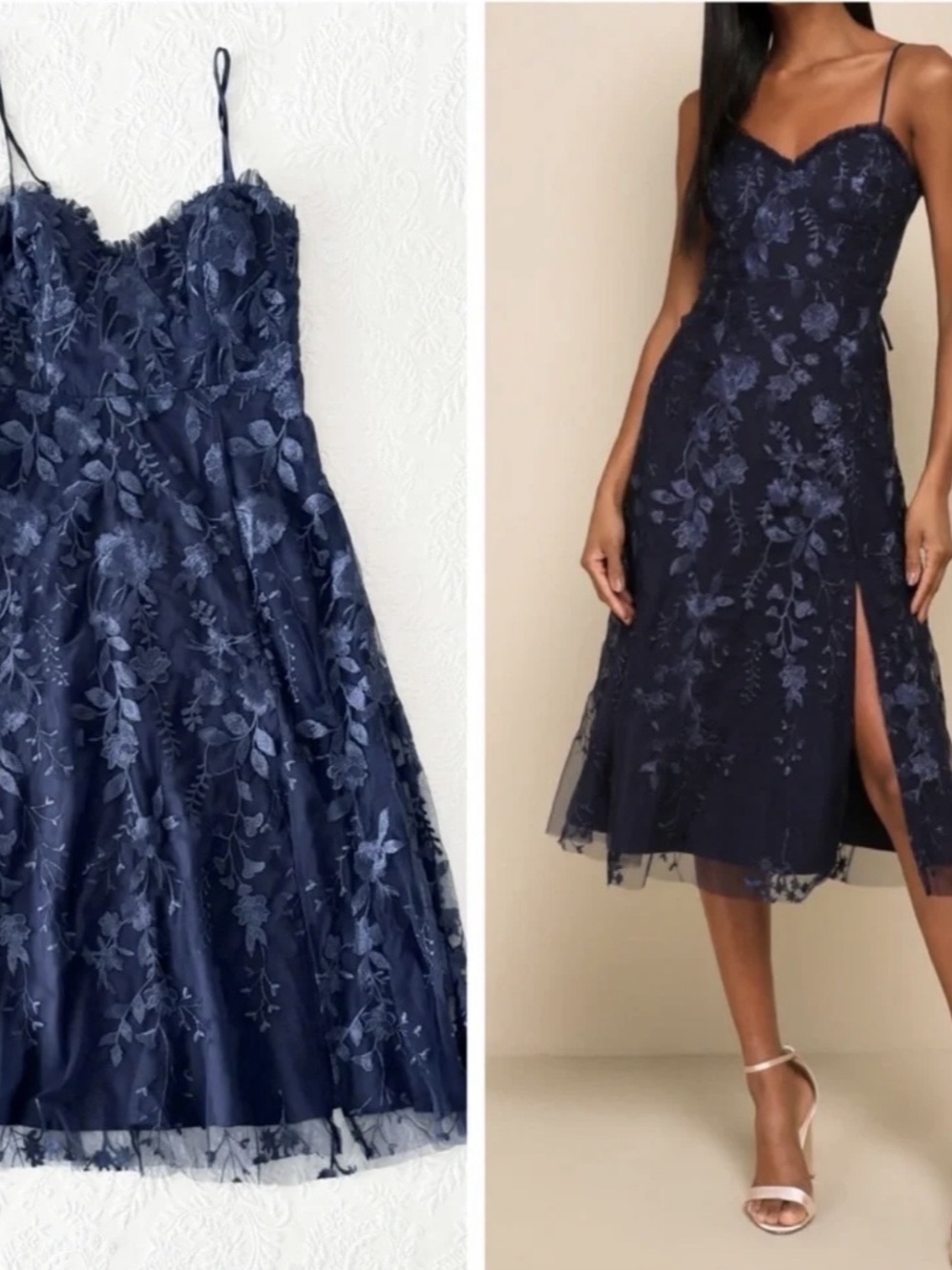 Charmingly Sophisticated Navy Blue Tulle Embroidered Midi Dress XL